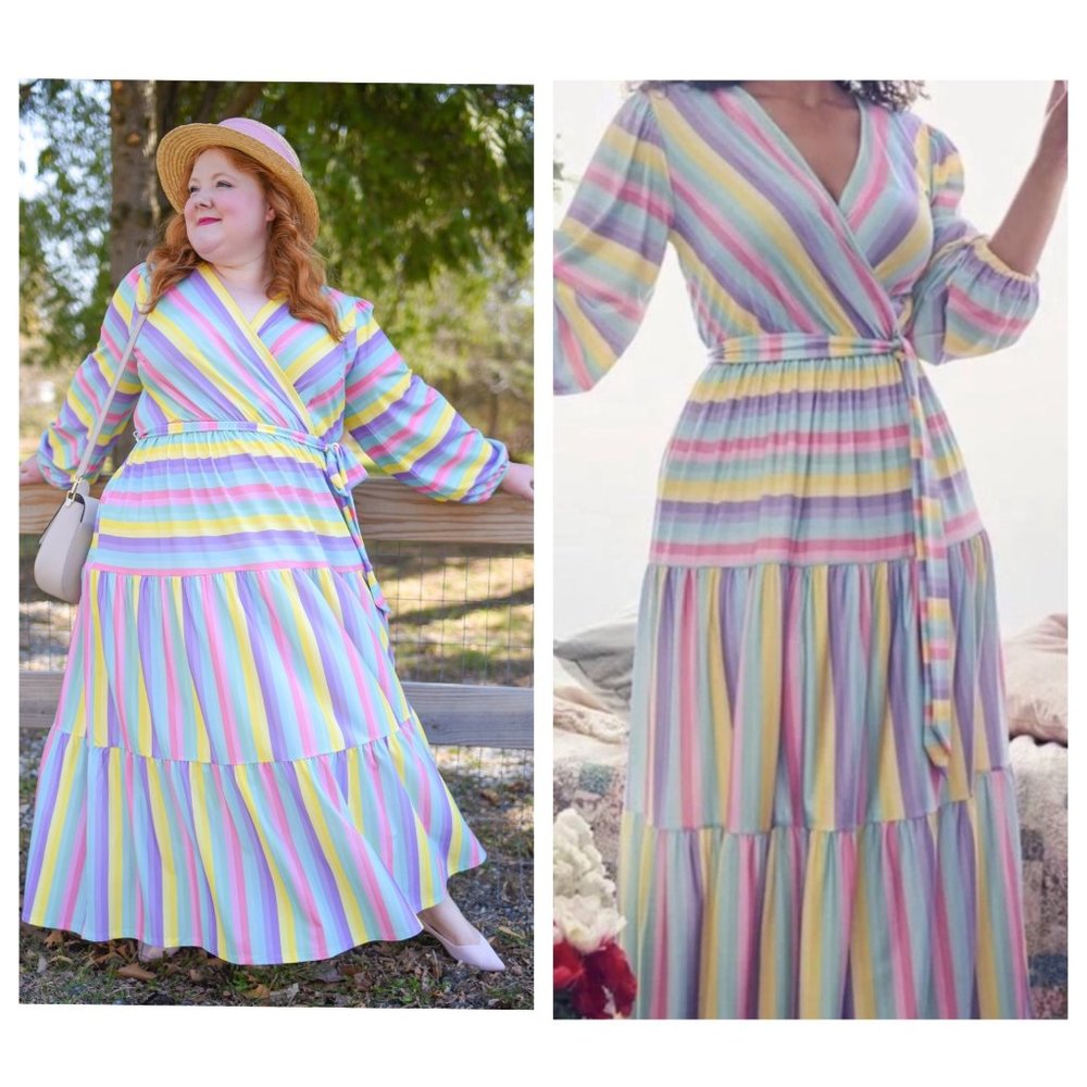 ELOQII Maxi Dress Womens 18 Easter Colorful Striped Tiered Ballon Long Sleeves